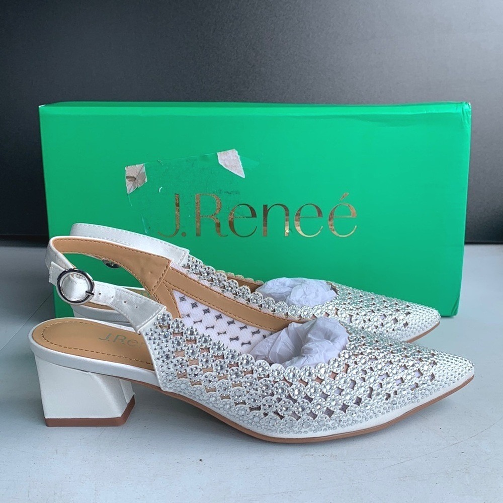 J. Renee Dianie Slingback Pumps Womens 7M White Rhinestone Bridal Wedding NWT